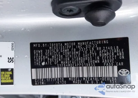 2023 Toyota Corolla Le from USA, damaged, VIN 5YFB4MDE4PP019855